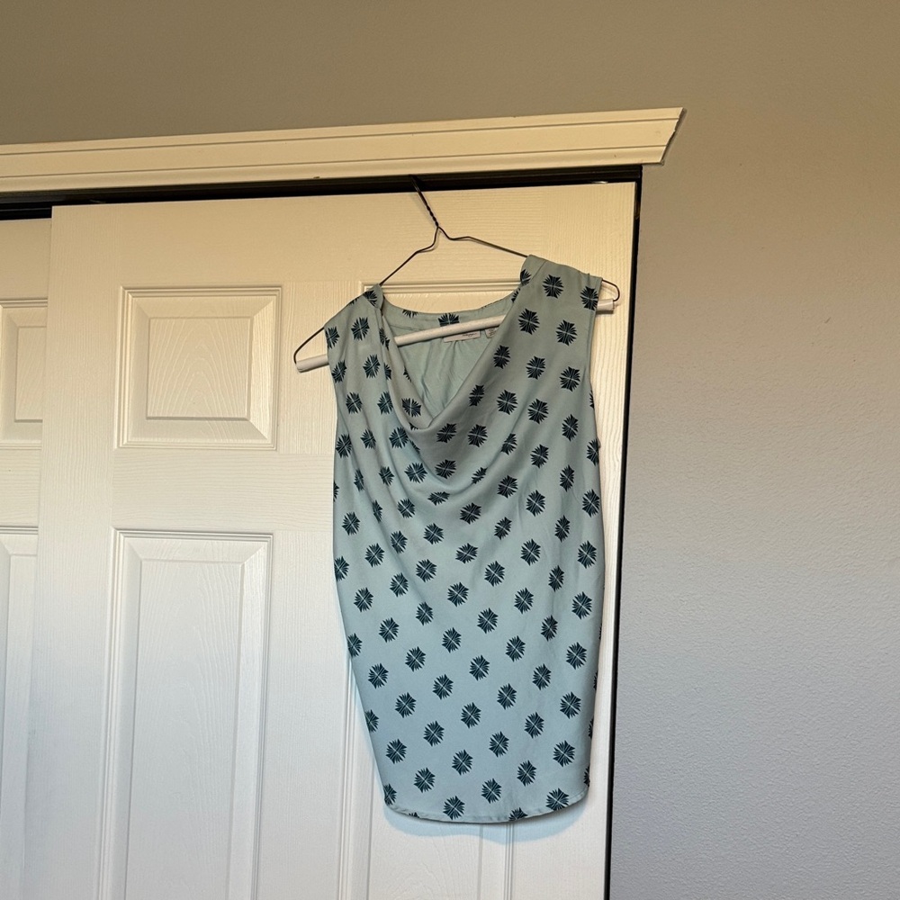 Halogen Light Blue Cowl Neck Sleeveless Top with Navy Print